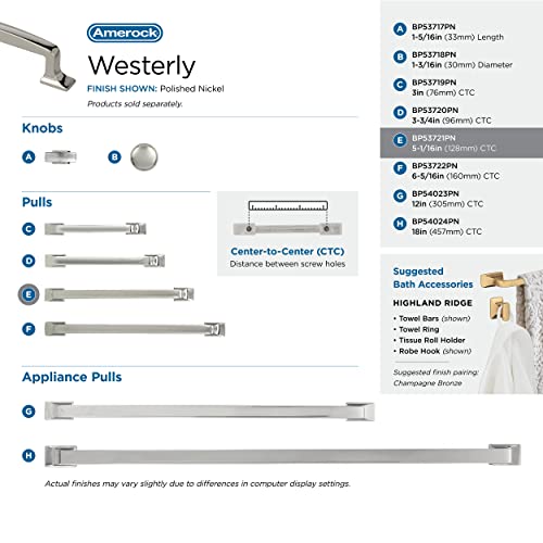 Image of Amerock 5-1 /16 inch Westerly Polished Nickel Drawer Pull | 5-1 /16 inch (128mm) Center-to-Center Mounting Distance and 6-1 /4 inches Overall Length, Durable Zinc Cabinet Hardware
