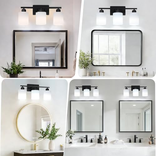 Image of 3-Light Bathroom Vanity Light Fixtures, Black Modern Vanity Light Over Mirror, Modern Wall Light with Milky White Frosted Glass Shade for Bathroom Bedroom Living Room Kitchen Hallway