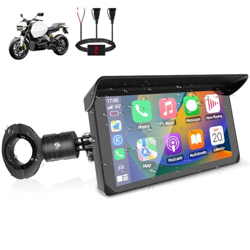 VSYSTO Schermo Carplay per moto, Carplay wireless e Android Auto, touchscreen da 5 pollici, display con indicazione della temperatura e della tensione della batteria,navigazione GPS, assistente vocale