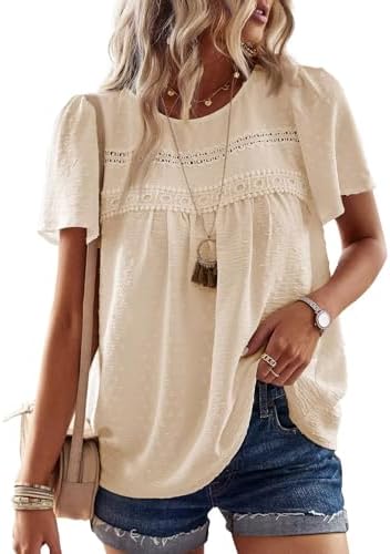 Falechay Womens Summer Tops Crewneck Short Sleeve Shirts Casual Chiffon Blouses Flowy Lace Hem Boho Clothing Trendy 2026