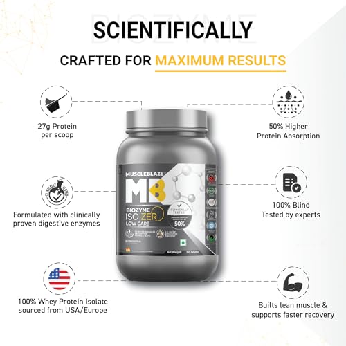 Image of MuscleBlaze Biozyme Iso-Zero, Low Carb Whey Protein Isolate Powder, Tropical Mango (1kg / 2.2lbs) | 27g Isolate Whey Per Scoop | USA Patent-Published Enhanced Absorption Formula (EAF)