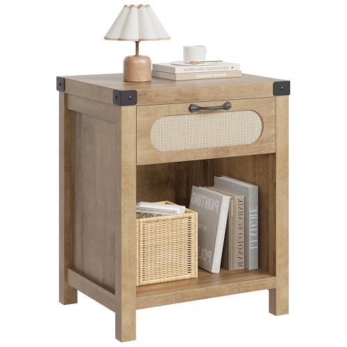 GarveeHome Rattan Night Stands, Farmhouse Bedside Table, Night Stand with Drawer and Open Shelf, Boho End Table for Living Room,Bedroom, Natural