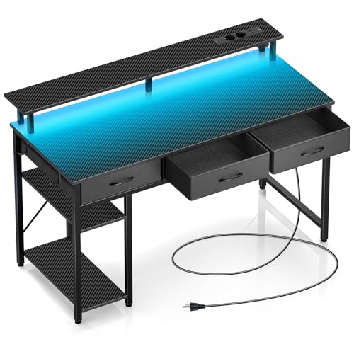 Rolanstar Scrivania con Cassetti Led, Postazione Gaming con 2 Prese di Corrente e 2 Porte di Ricarica USB, Scrivania Gaming con Supporto per Monitor & Ripiani Regolabili per Ufficio(Nero, 137cm)