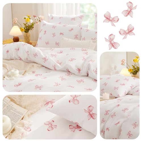 Image of Girls Duvet Cover Set Full Size,Pink White Bow Ties Pattern Bedding Set for Adults Kids Romantic Style,Soft Chic Microfiber Comforter Cover Sets with Zipper Closure and 2 Pillowcases