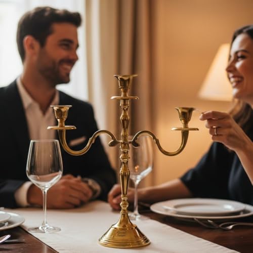 Image of 3 Arm Aluminum Candelabra Gold 16 Inch | Decorative Candelstick Holders for Home Decor, Wedding Parties Decoration & Centerpiece for Dining Table