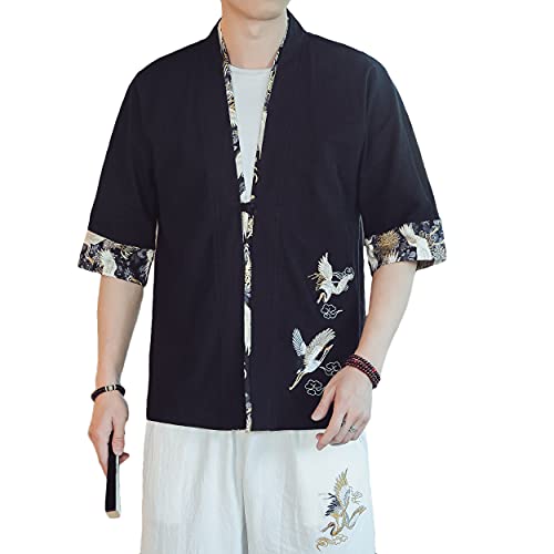 Image of PRIJOUHE Men's Kimono Jackets Cardigan Lightweight Casual Cotton Blends Linen Seven Sleeves Open Front Coat Outwear
