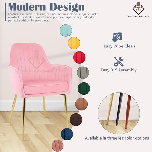 Image of Plush Dining Chair | Accent Chair for Living Room Bedroom Restuarant | Velvet Fabric & Thick Cushion Seat with Sturdy Glossy Metal Legs (Golden Legs, Baby Pink)