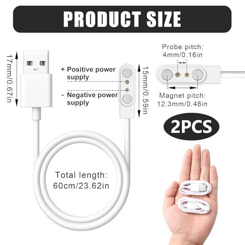 Cargador Reloj Inteligente Universal, 2 Piezas Magnética Cable Cargador Smartwatch 2 Pines USB Magnético 5V Cable Cargar Rápida Reloj Inteligente Accesorios para Fitness Tracker (4mm Blanco) - imagen 2