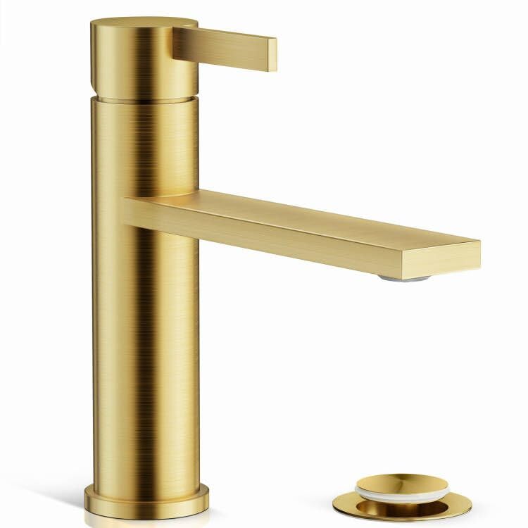 Phiestina Single Handle Brushed Gold Bathroom Sink Basin Faucet, Low Arc Single Hole Faucet, with Metal Pop-up Drain Assembly with Overflow and 24-Inch Water Supply Line, FH-02-BG