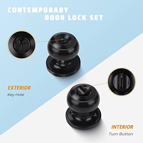 Knobwell 1 Pack Keyed Entry Door Knob Exterior Doorknob With Key, Bedroom Door Knobs With Lock And Key, Security Door Knob For Bathroom/Bedroom, Matte Black Finish #TOP8