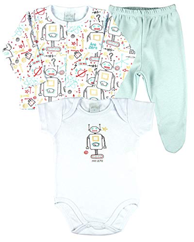 Conjunto Bebê Menino Suedine Estampado e Liso 3 Peças Robozinhos - Branco P