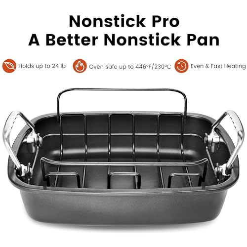 AOTASO Nonstick Roasting Pan with Rack, Turkey Roasting Pan for Oven, Large Roaster Pan with Handle for Chicken, 17 X 13 Inch, Carbon Steel, Dark Grey