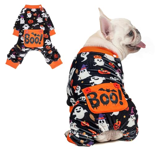 Image of BEAUTYZOO Halloween Dog Pajamas, Soft Fleece Puppy Sweater for XX-Large Dog | Velvet Jumpsuit for Girl Boy Puppies, Breathable Pet Pjs, Warm Jammies Onesies in Cold Weather, Ghost, Black XXL