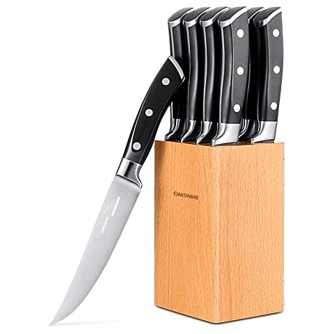 OAKSWARE Steak Knives Set of 8, Non Serrated Steak Knives with Block, 5 inch German Stainless Steel Straight Edge Steak knife with Full Tang Handle, Rust Resistant ＆ Easy to Maintain Cover