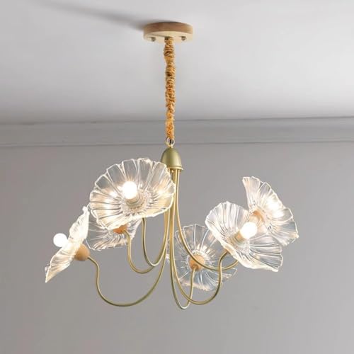DQRCLLL Lotus Leaf Pendant Light, E27 Glass Flower Chandelier, Living Room Hanging Lamp, Antique Gold Modern Large Foyer Chandelier for Entryway Dining Room Kitchen Farmhouse(6-Lights)