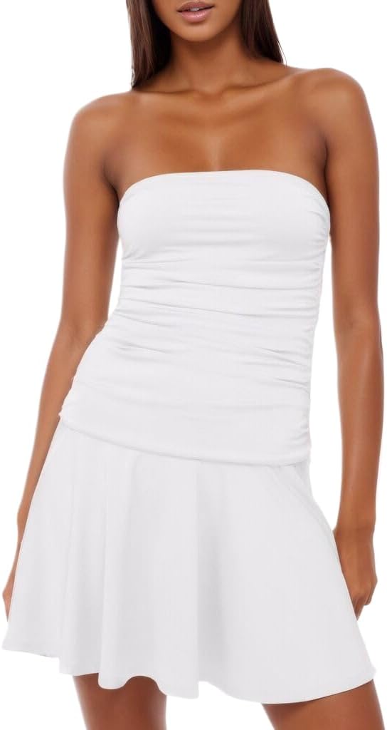 SHESEEWORLD Women's Sexy Sleeveless Ruched Strapless Tube Mini Dress Ruffled Relaxed Fit Cocktail Party Short Dress