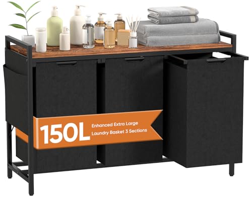 TESSTINA Laundry Basket 3 Compartments, Laundry Hamper with Shelf, Capacity 150 L, Removable Oxford Fabric Liner Bag, Wash Basket with Side Pockets and X holder for Laundry Room (3 Compartments, 150L)