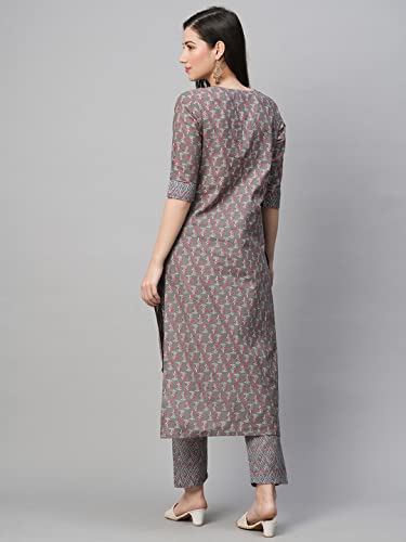 Image of GoSriKi Women's Cotton Blend Printed Straight Kurta With Pant