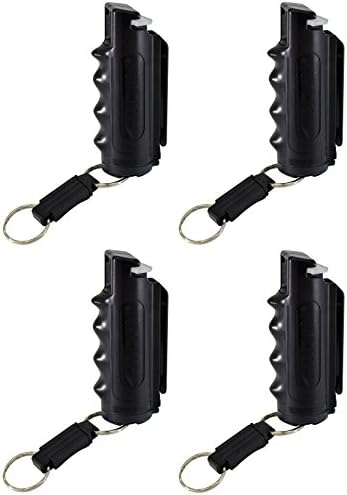 Pepper Defense 4-in-1 Pepper Spray with Belt Clip Holster and Keychain Attachment - Maximum Strength 10% OC, CS, CN, Marking Dye - Self Defense Personal Protection & Safety (4-PACK Black Pepper Spray)