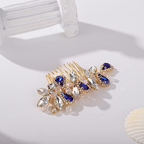 Bridal Hair Comb Rhinestone Teardrop Hair Comb For Bride Beaded Cute Hair Pieces Multi-Color (Blue, Gold) #TOP3