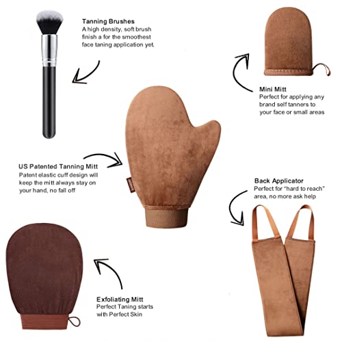 Self Tanning Mitt Applicator- Sanfery 5 Pack Self Tanner Mitt with Self Tanning Glove for Self Tan Mitt, Back Applicator, Mini Self Tan Glove, Exfoliating Mitt, Brush, Tanning Mitts Self Tanner Glove
