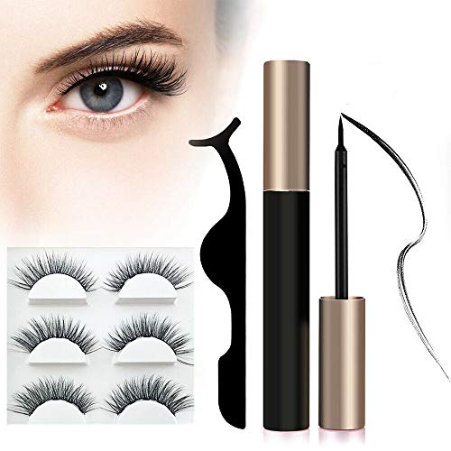 Magnetic Eyelashes with Eyeliner, 3 Pairs Magnetic Eyeliner Kit with Tweezers Set, Reusable, No Glue Needed, Waterproof, Easy to Apply