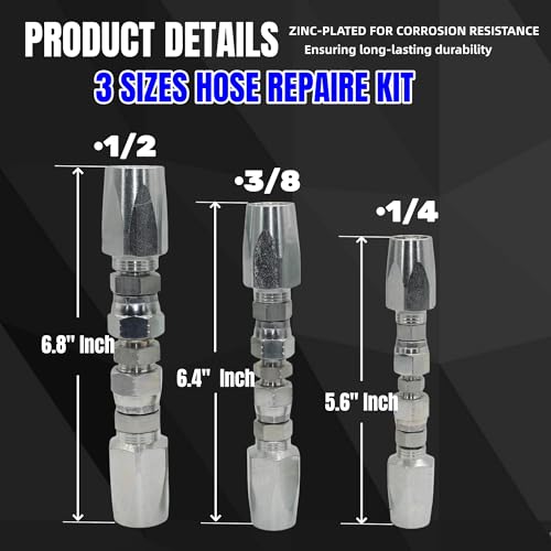 Image of 3 PCS Hydraulic Reusable Hose Fitting Hose Repair Kit JIC #04, 1 /4'' /#6, 3 /8'' /#08, 1 /2''