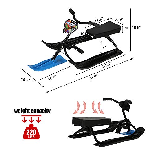 LONABR Snow Racer Sled Durable Steel Frame Slider Board Classic Snow Runner Bike Sled with Steering Wheel and Twin Brakes for Kids Teenagers (Blue)
