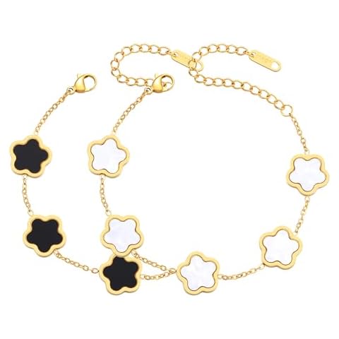 FUNIO 18K Gold Plated Clover Bracelet for Women Set - 2Pcs Four Leaf Bracelets Flower Lucky 4 Leaf Link Bracelet Jewelry Gift for Women Van Cleef (White+Black) Cover