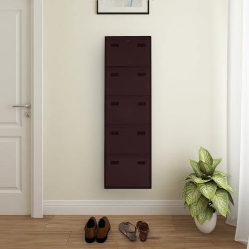 Image of Metal Shoe Rack Wall Mounted for Home with Central Locking | 5 Door 20 inch Wall Mounted Metal 10 Pair Shoe Rack Cabinet | Pre-Assembled Rack Shelves | 3 Year Warranty (Brown)