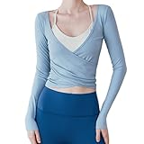 Women Cross Wrap Tie Shirt Tops Sexy Deep V Neck Ballet Crop Tops Slim Fit Fairy Yoga Pilates Workout Blouses (E-Sky Blue, S)