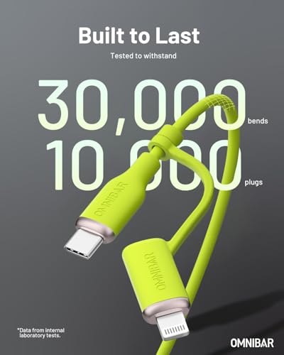 Image of 2-in-1 Soft Silicone USB C to USB C Cable with Lightning Connector (6FT, Lime Green), MFi Certified Type C Fast Charging Cord for iPhone 17 16 15 14 13,Galaxy S26 S25 S24,iPad,MacBook,AirPods