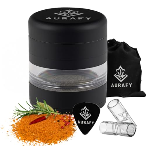 AURAFY 5-Piece Herb Grinder Manual Spice Mill - Premium Aluminium Crusher with Curved Design, Transparent Window, Removable Screen & Storage Bag (Matte Black)