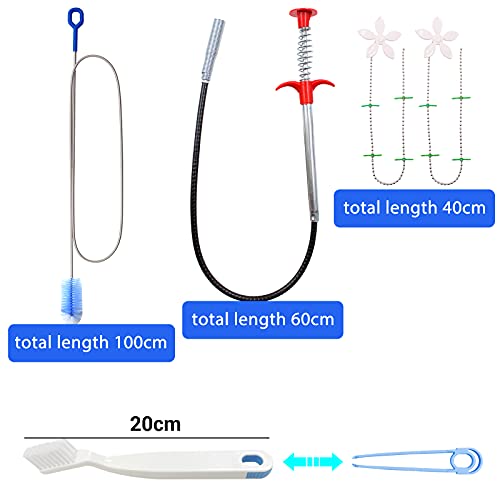 Daily Treasures Abfluss Schlange Haar Werkzeug, 5 Stk Abfluss Schlange Haar mit 1 Edelstahl Abflussreinigungsbürste 1 Waschbecken Reinigungshaken 2 Abflussrohr Reinigungskette & 1 Reinigungsbürste
