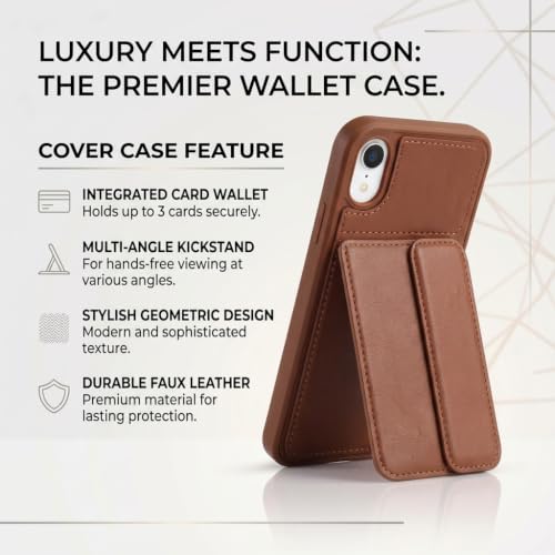Image of amazon basics Luxury Vegan Leather Back Cover for iPhone XR | Built-in Card Holder Slot | Integrated Mobile Stand | Slim Shockproof Protective Case with Stitched Finish - Brown
