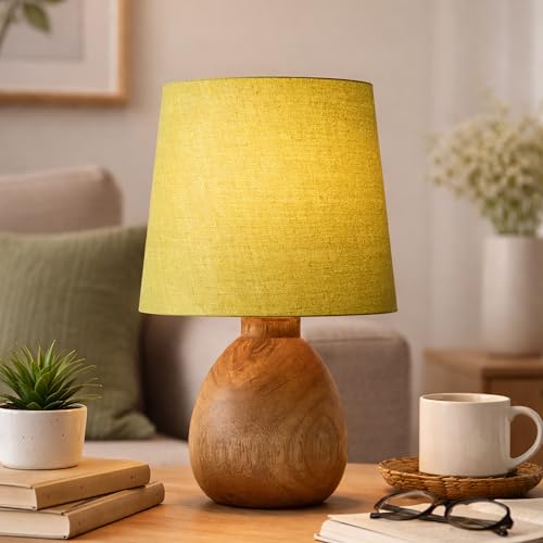Image of Wooden Bedside Table Lamp with Fabric Shade, Warm Ambient Light, Handmade Mango Wood Base, Rustic Farmhouse Design, Cute Dowel Green, 15 x 15 x 25 cm