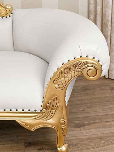 Image of Chaise Lounge Royal Carving Sofa Design Golden Polished and Leatherette Cover (3-Person Sofa, White)