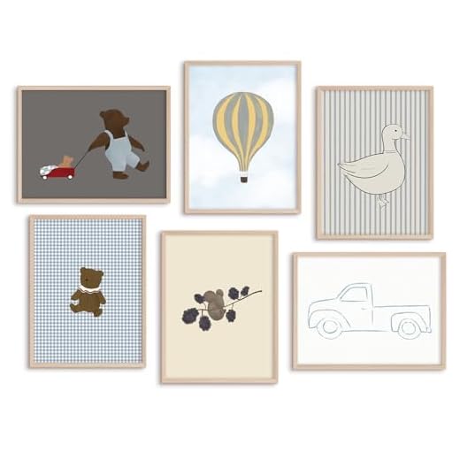 Boy Nursery Wall Art Baby Room Canvas Wall Decor Vintage Adventure Nursery Prints Teddy Bear Boy Poster Toddler Wall Art Blue Pictures Hot Air Balloon Painting for Bedroom 8x10x6 Inch Unframed