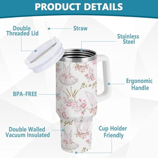 ZZXXB Ballet Swan Girl Insulated Stainless Steel Water Bottle with Handle and Straw Lid Double Walled Travel Mug 40 oz