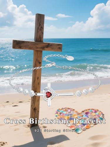 Cross Birthstone Charm Link Bracelet 925 Sterling Silver Cross Bracelet with 12 Months Birthstone Religious Christian Jewelry Gifts for Women Mom Her,Chain Length 7"+2" Extend3