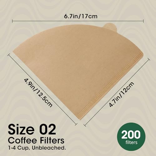 V60 Coffee Filters 02, ONIOU Unbleached Size 02 Cone Coffee Filters, 200 Count Natural Brown Pour Over Paper Filters for Hario V60 & Others 1–4 Cup Coffee Dripper - Package May Vary