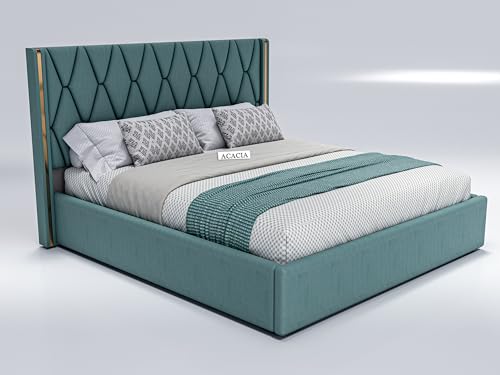 Image of Acacia Modern Upholstered Queen Size Bed with Hydraulic Storage for Bedroom | Wooden Furniture Double Beds for Home & Hotels | Platform Cot Bed with Upholstery Fabric, 6.5 x 5 Ft, Sheesham Wood, Green
