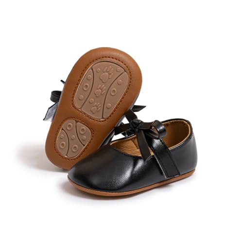 Babelvit Baby Girls Premium Bowknot Mary Jane Flats Wedding Princess Dress Baptism Shoes Rubber Sole PU Leather Infant Toddler First Walking Moccasins Crib Shoes, 01aj Black, 3-6 Months Infant