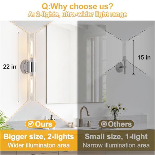 Image of Wall Sconces Set of Two, Modern Bathroom Sconces Wall Lighting with & Clear Glass Glass, Chrome Sconces Wall Decor Set of 2 for Bathroom Mirror Bedroom Living Room Hallway