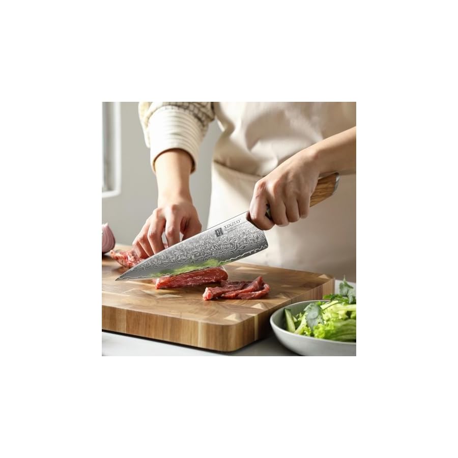 XINZUO 73 Layers Hand Forged Damascus Kitchen Knife Set-5Pcs Professional Chef Knife Set, Magnetic Knife Block, Natural Walnut Knife Holder Stand for Counter Top, with Strong Magnets