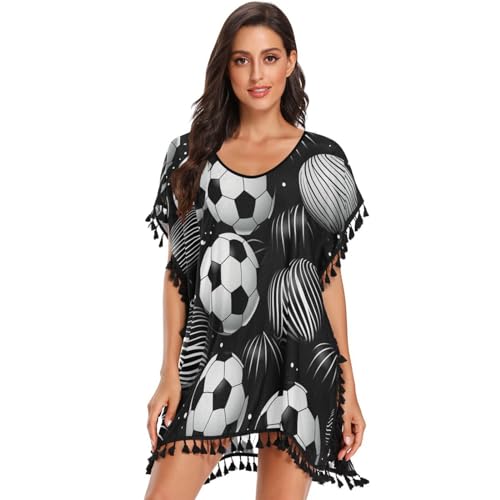 Black White Soccer Balls Women's Beach Cover Up Chiffon Tassel Swimwear Swimsuit Coverups for Girl