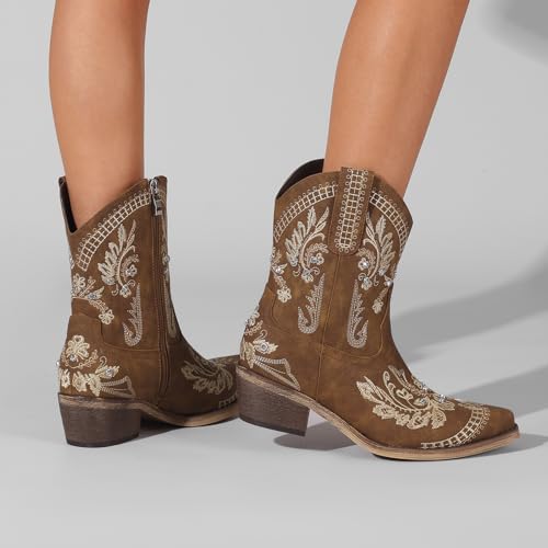 Image of Rhinestone Ankle Cowboy Boots for Women Embroidered Short Cowgirl Boots with Low Heel Side Zipper Comfortable Chunky Heel Western Booties for Prom Party Wedding Pull On Shoes