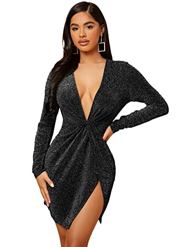 WDIRARA Women's Deep V Neck Wrap Twist Front Long Sleeve Split Mini Dress Black S