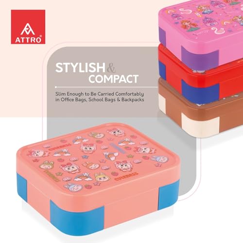Image of ATTRO Admire Deluxe 3 Compartment Stainless Steel Lunch Box, BPA-Free Inner Steel, Airtight & Leakproof, Lightweight Easy Carry Tiffin for Kids School Travel, Cute Monster Print- Peach-800ml