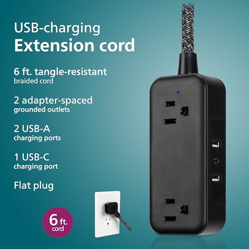Philips 2-Outlet Braided Extension Cord, 1 USB-C, 2 Type-A Ports